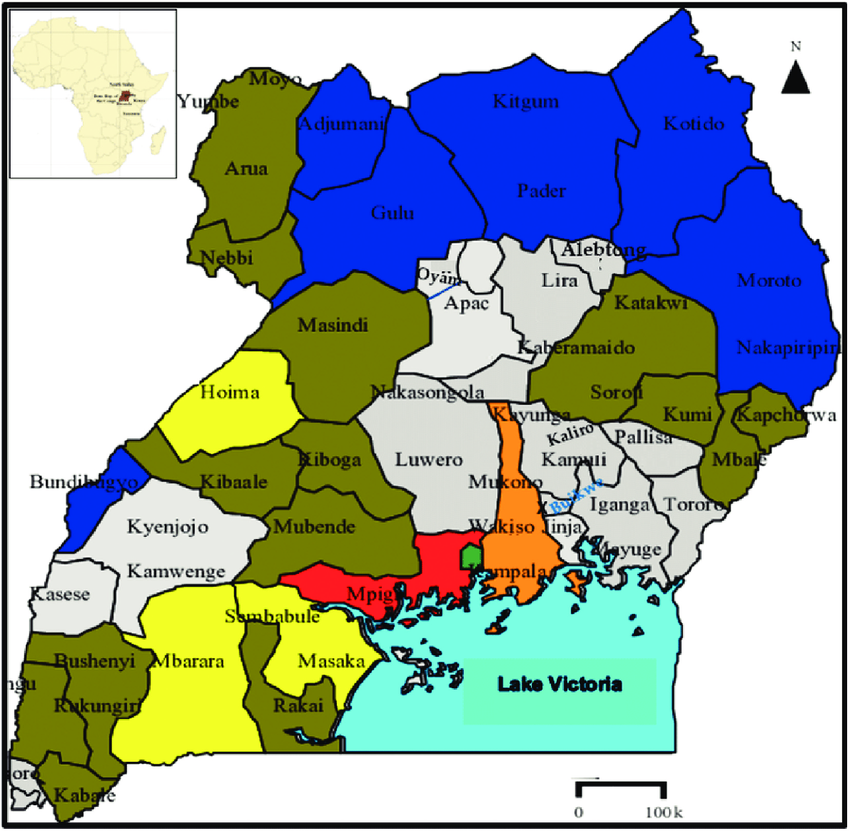 Map of Uganda with highlighted districts